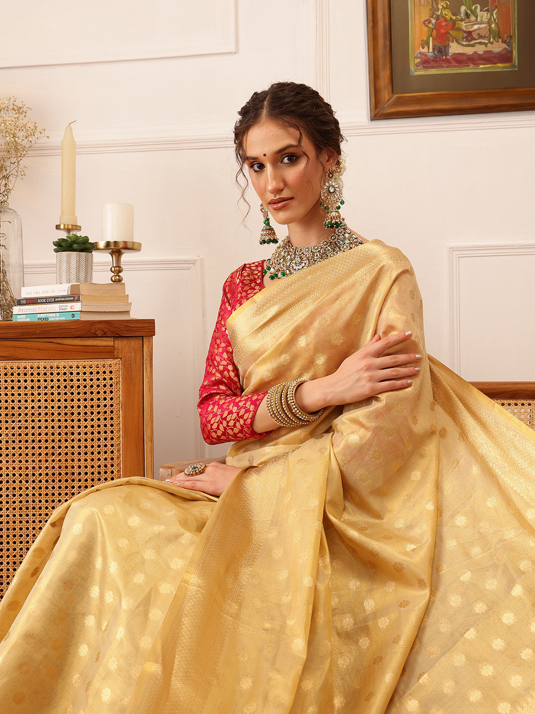Hiral Fashion Beige Kanjivaram Tissue Silk Floral Zari Woven Saree | Grocsy