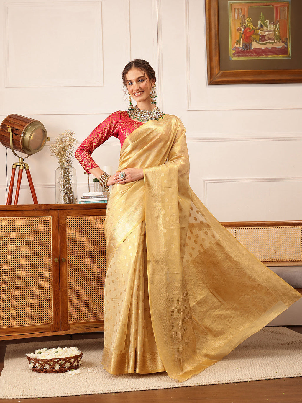 Hiral Fashion Beige Kanjivaram Tissue Silk Floral Zari Woven Saree | Grocsy