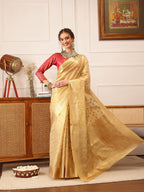Hiral Fashion Beige Kanjivaram Tissue Silk Floral Zari Woven Saree | Grocsy