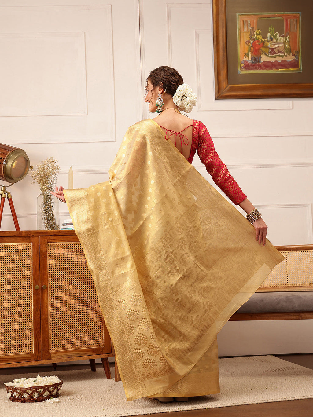 Hiral Fashion Beige Kanjivaram Tissue Silk Floral Zari Woven Saree | Grocsy