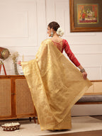Hiral Fashion Beige Kanjivaram Tissue Silk Floral Zari Woven Saree | Grocsy