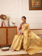 Hiral Fashion Beige Kanjivaram Tissue Silk Floral Zari Woven Saree | Grocsy