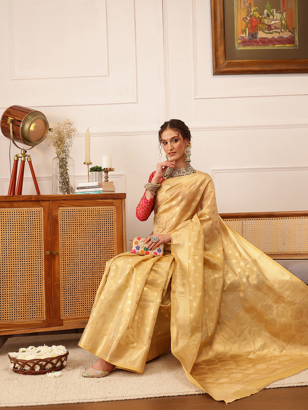 Hiral Fashion Beige Kanjivaram Tissue Silk Floral Zari Woven Saree | Grocsy