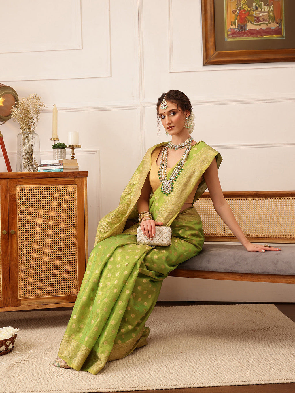 Hiral Fashion Green Kanjivaram Tissue Silk Floral Zari Woven Saree | Grocsy