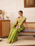 Hiral Fashion Green Kanjivaram Tissue Silk Floral Zari Woven Saree | Grocsy