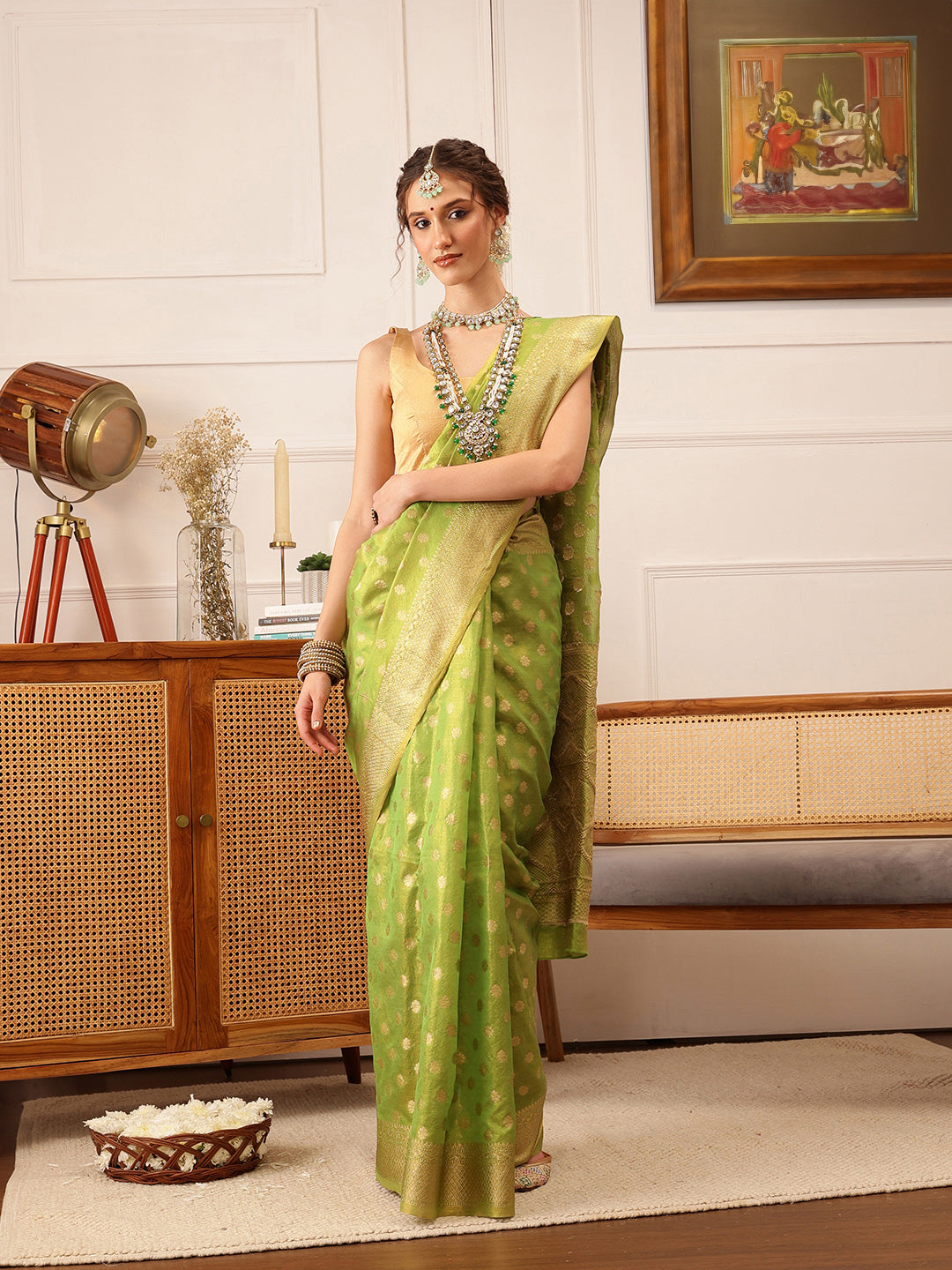 Hiral Fashion Green Kanjivaram Tissue Silk Floral Zari Woven Saree | Grocsy