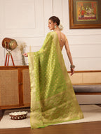 Hiral Fashion Green Kanjivaram Tissue Silk Floral Zari Woven Saree | Grocsy