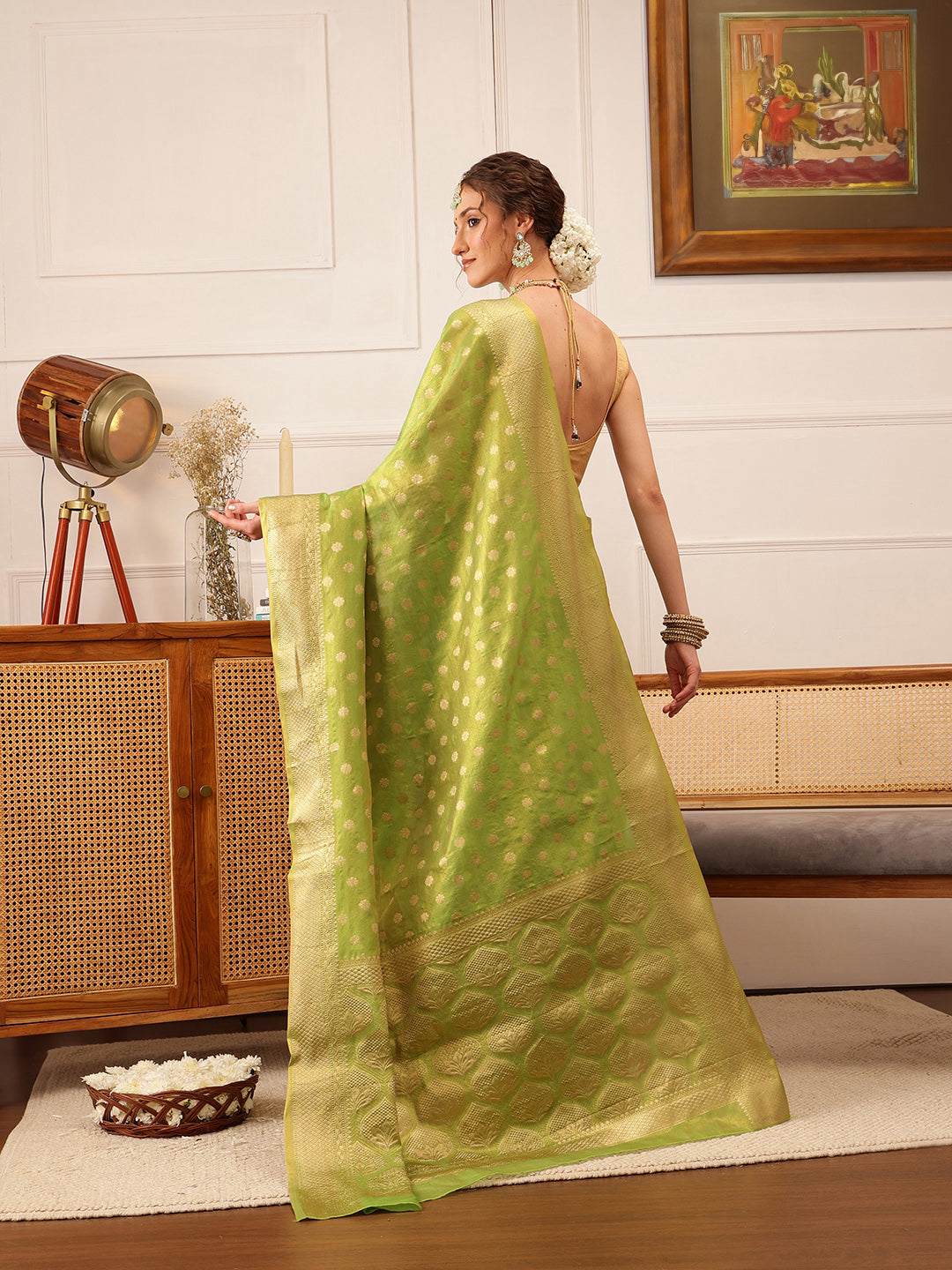 Hiral Fashion Green Kanjivaram Tissue Silk Floral Zari Woven Saree | Grocsy