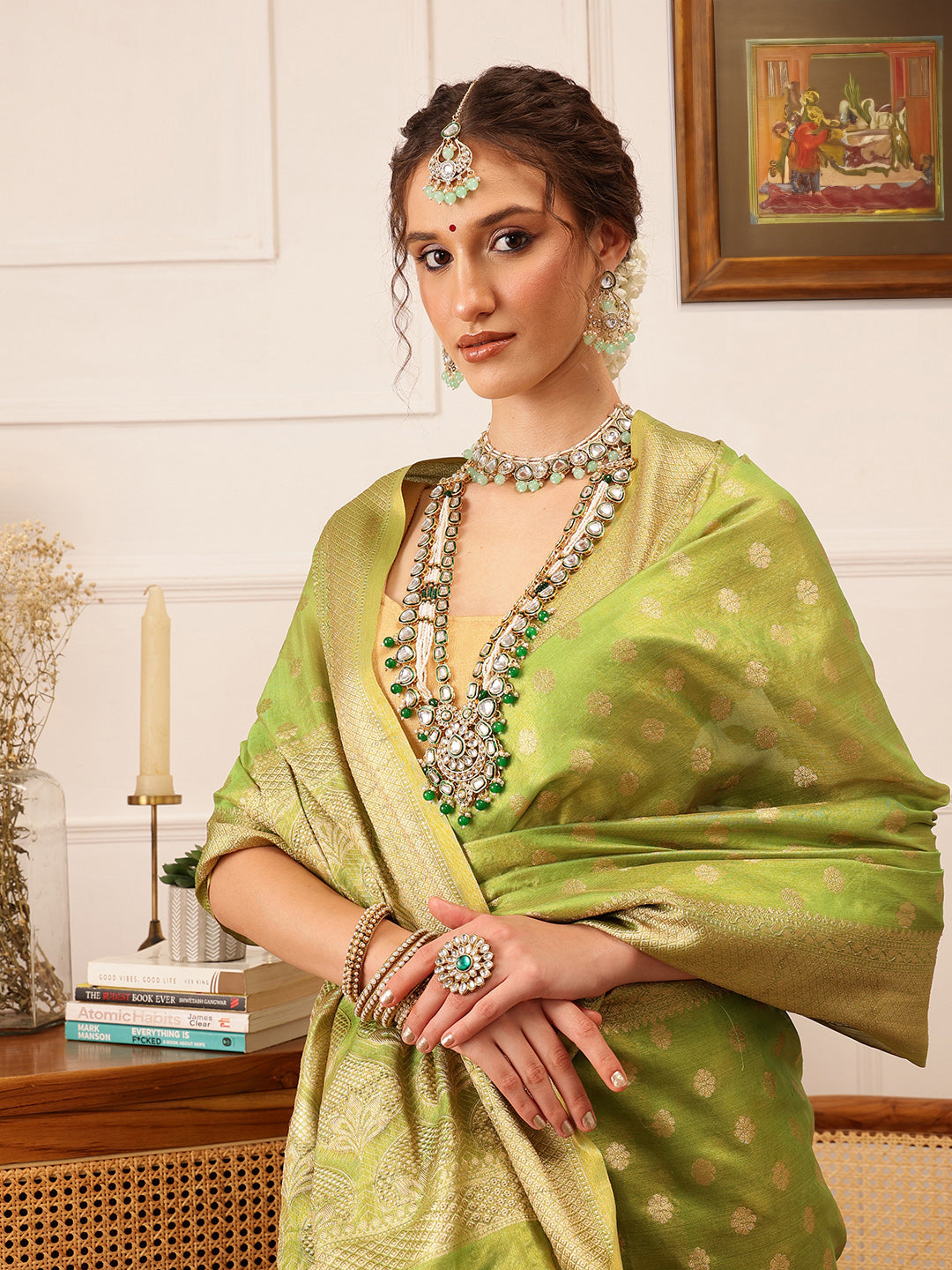 Hiral Fashion Green Kanjivaram Tissue Silk Floral Zari Woven Saree | Grocsy