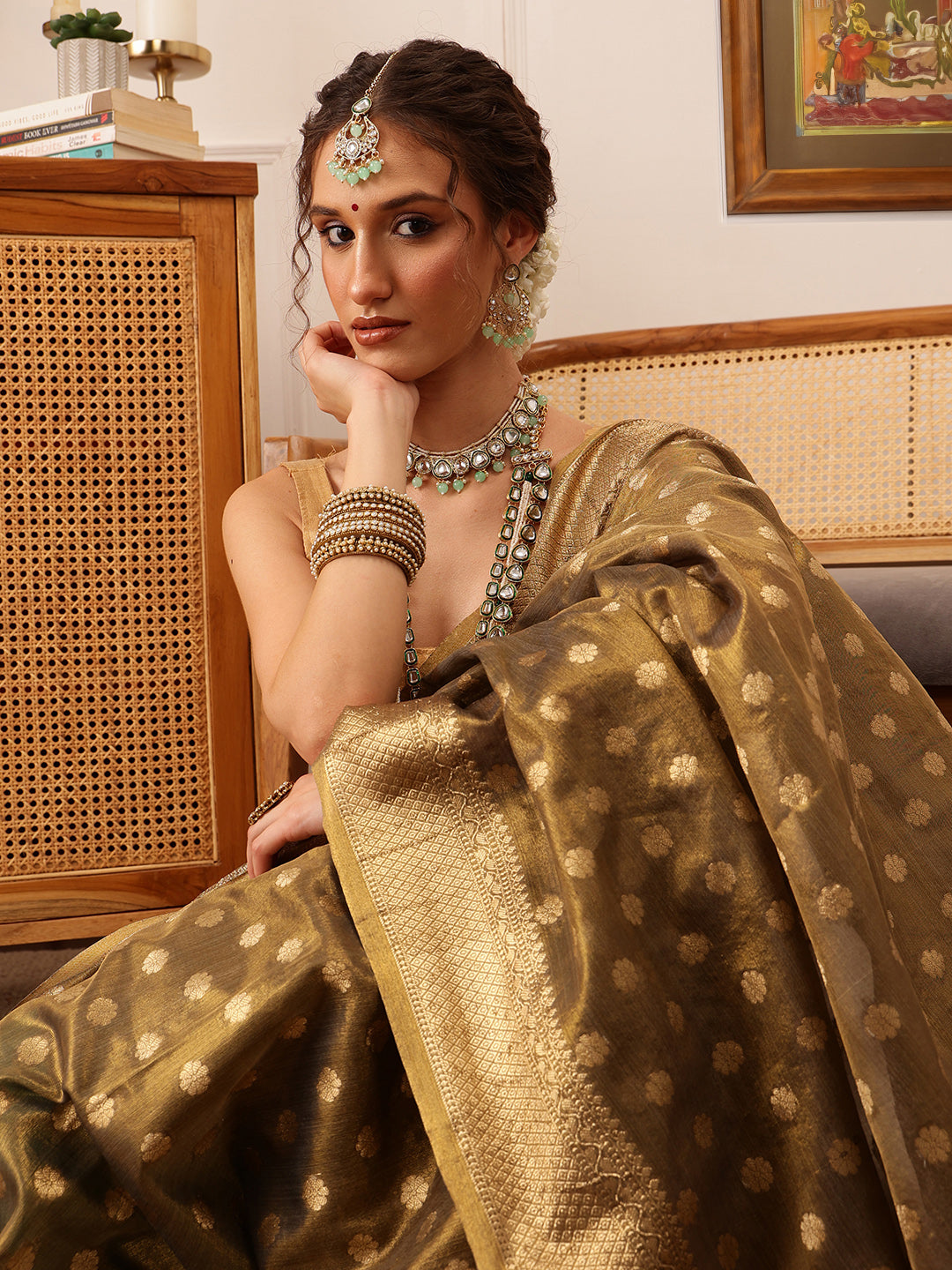 Hiral Fashion Grey Kanjivaram Tissue Silk Floral Zari Woven Saree | Grocsy