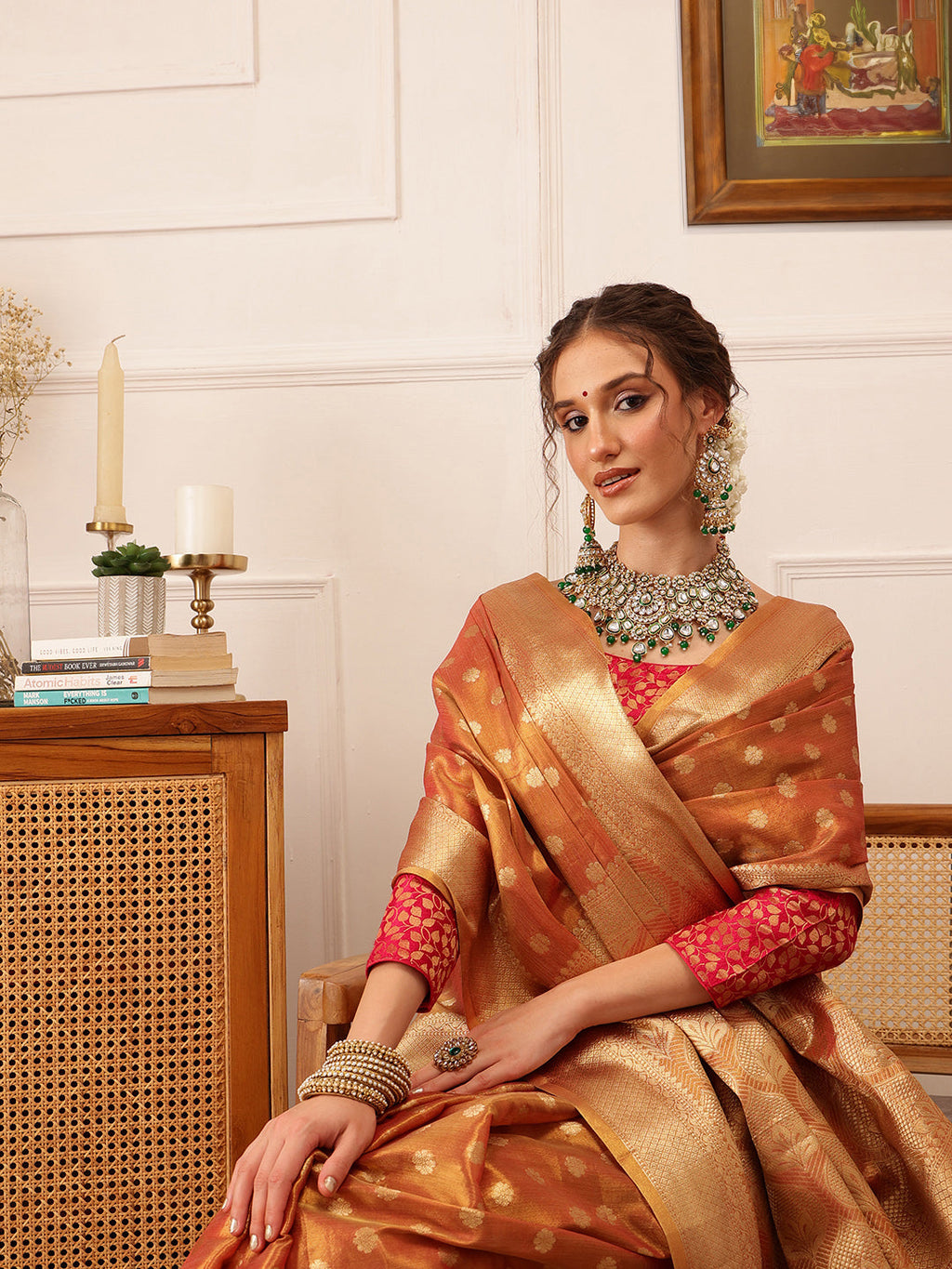 Hiral Fashion Peach Kanjivaram Tissue Silk Floral Zari Woven Saree | Grocsy