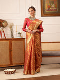 Hiral Fashion Peach Kanjivaram Tissue Silk Floral Zari Woven Saree | Grocsy