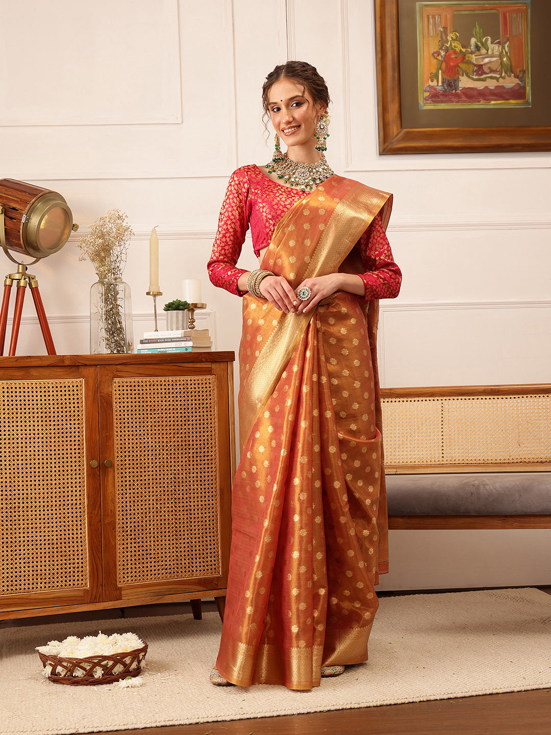 Hiral Fashion Peach Kanjivaram Tissue Silk Floral Zari Woven Saree | Grocsy