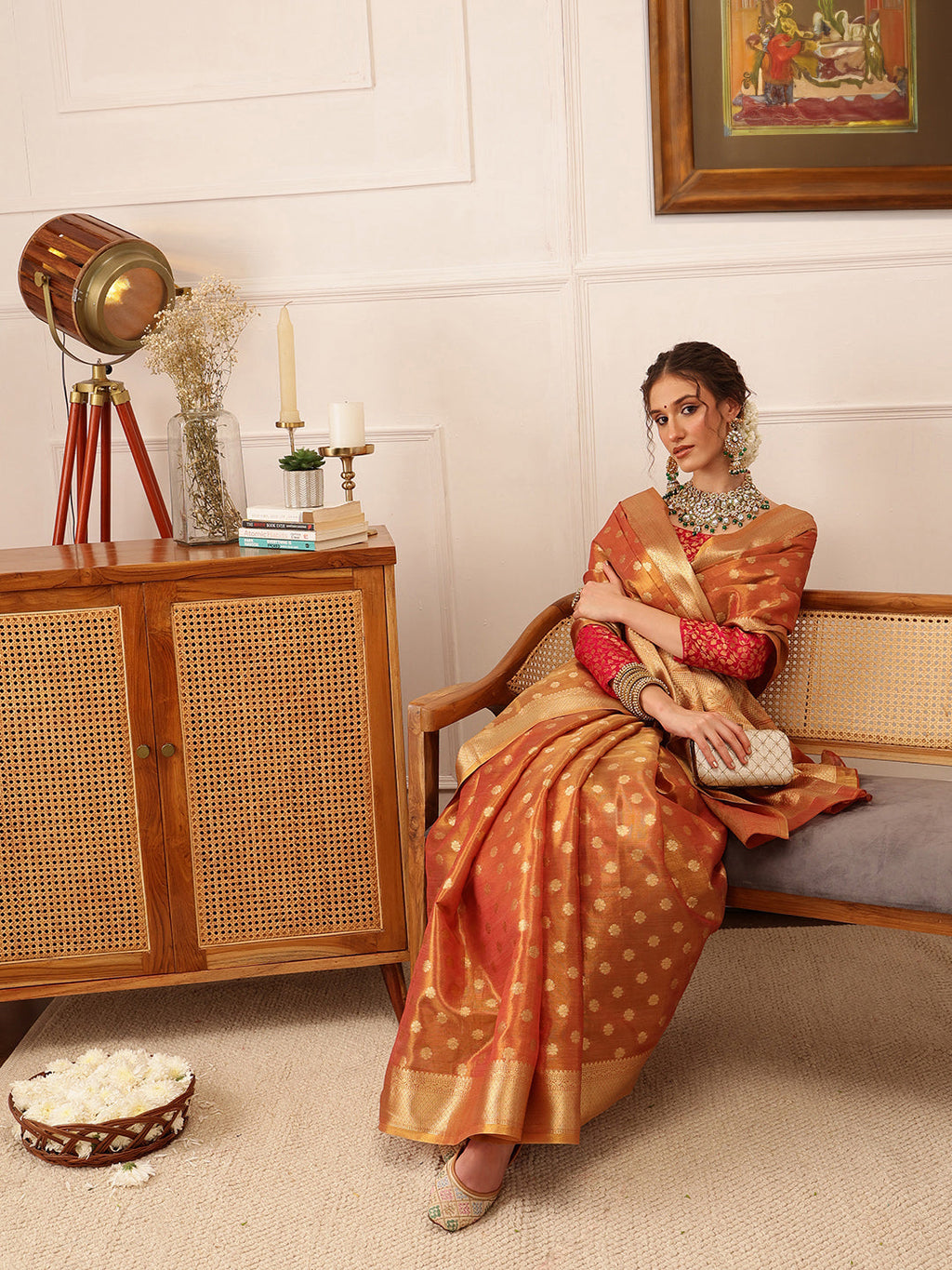 Hiral Fashion Peach Kanjivaram Tissue Silk Floral Zari Woven Saree | Grocsy