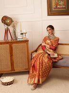 Hiral Fashion Peach Kanjivaram Tissue Silk Floral Zari Woven Saree | Grocsy