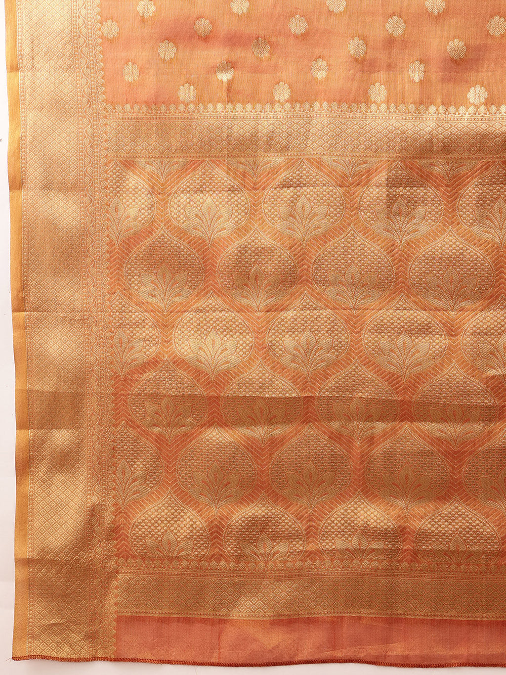 Hiral Fashion Peach Kanjivaram Tissue Silk Floral Zari Woven Saree | Grocsy