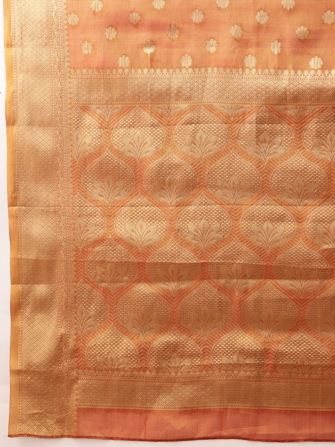 Hiral Fashion Peach Kanjivaram Tissue Silk Floral Zari Woven Saree | Grocsy