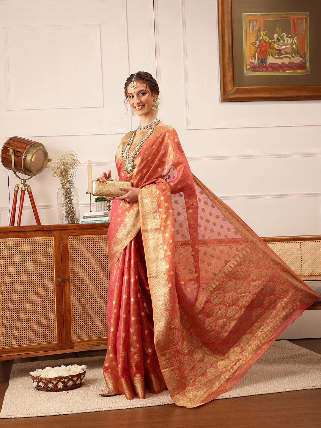 Hiral Fashion Pink Kanjivaram Tissue Silk Floral Zari Woven Saree | Grocsy
