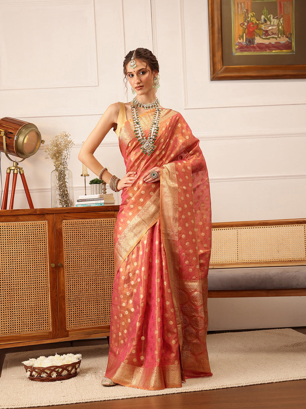 Hiral Fashion Pink Kanjivaram Tissue Silk Floral Zari Woven Saree | Grocsy