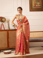 Hiral Fashion Pink Kanjivaram Tissue Silk Floral Zari Woven Saree | Grocsy