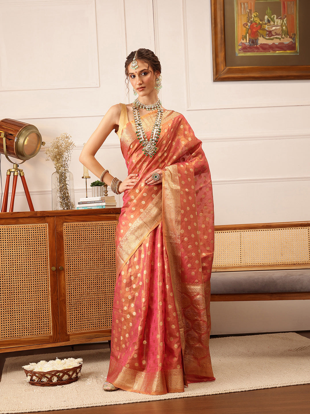 Hiral Fashion Pink Kanjivaram Tissue Silk Floral Zari Woven Saree | Grocsy