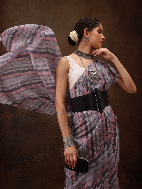 Gray Cotton Blend Digital Print Abstract Saree with Unstitched Blouse - Hiral Fashion | Grocsy