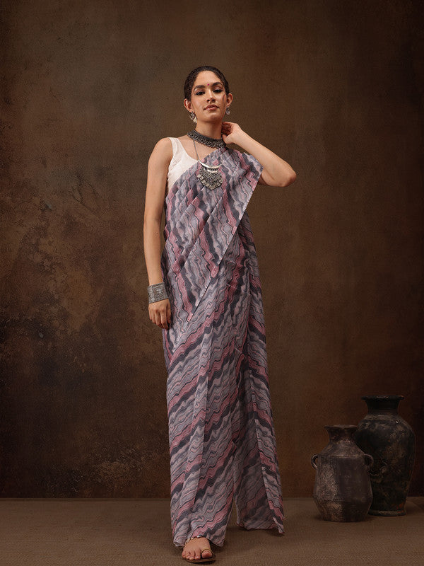 Gray Cotton Blend Digital Print Abstract Saree with Unstitched Blouse - Hiral Fashion | Grocsy