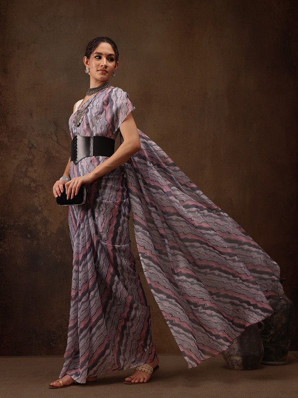 Gray Cotton Blend Digital Print Abstract Saree with Unstitched Blouse - Hiral Fashion | Grocsy