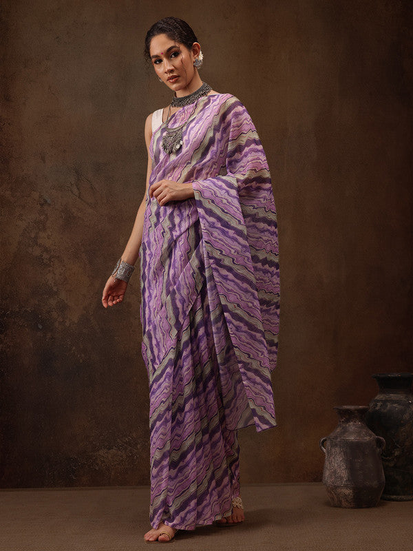 Lavender Cotton Blend Digital Print Abstract Saree with Unstitched Blouse - Hiral Fashion | Grocsy