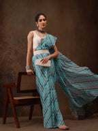 Turquoise Cotton Blend Digital Print Abstract Saree with Unstitched Blouse - Hiral Fashion | Grocsy