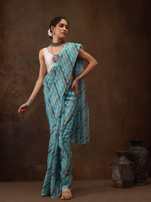 Turquoise Cotton Blend Digital Print Abstract Saree with Unstitched Blouse - Hiral Fashion | Grocsy