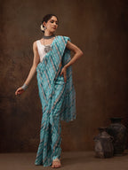 Turquoise Cotton Blend Digital Print Abstract Saree with Unstitched Blouse - Hiral Fashion | Grocsy