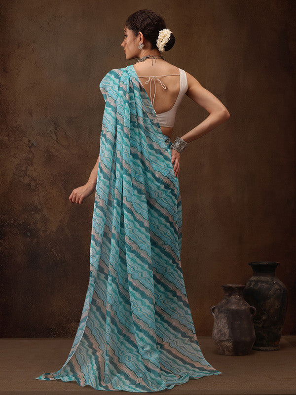 Turquoise Cotton Blend Digital Print Abstract Saree with Unstitched Blouse - Hiral Fashion | Grocsy