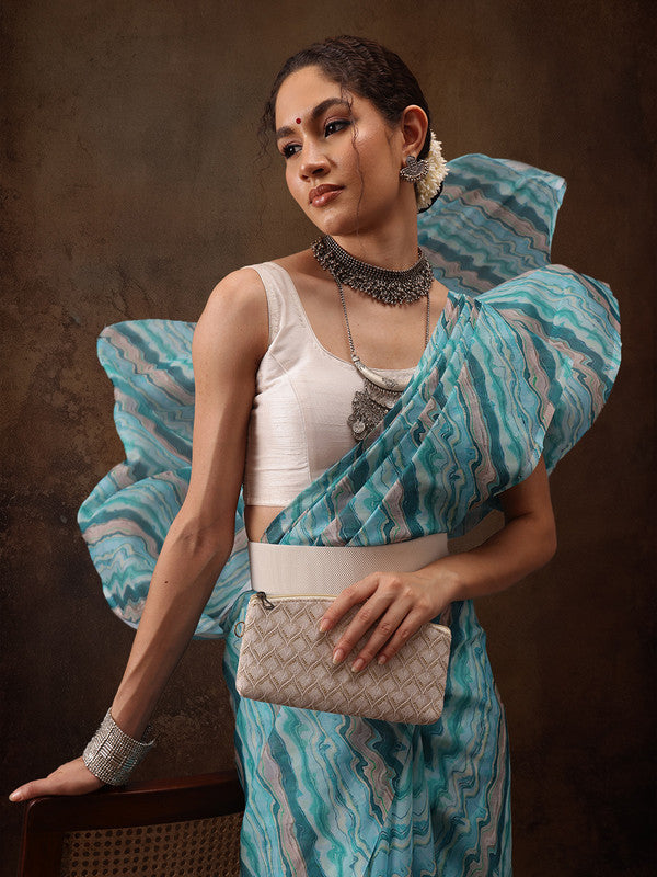 Turquoise Cotton Blend Digital Print Abstract Saree with Unstitched Blouse - Hiral Fashion | Grocsy