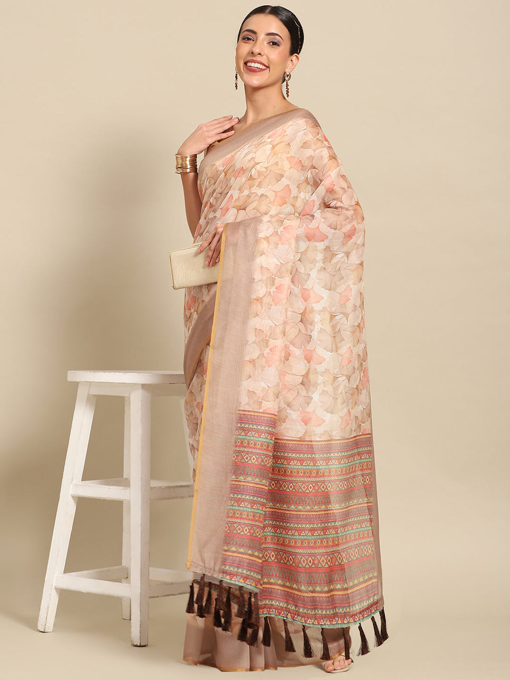 Beige Pure Cotton Printed Floral Saree with Unstitched Blouse - Hiral Fashion | Grocsy