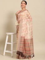 Beige Pure Cotton Printed Floral Saree with Unstitched Blouse - Hiral Fashion | Grocsy