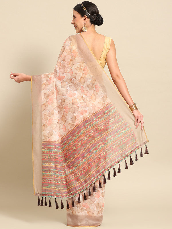 Beige Pure Cotton Printed Floral Saree with Unstitched Blouse - Hiral Fashion | Grocsy