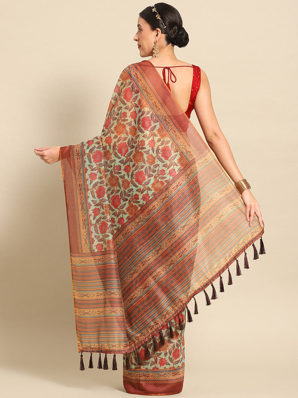 Green Pure Cotton Printed Floral Saree with Unstitched Blouse - Hiral Fashion | Grocsy