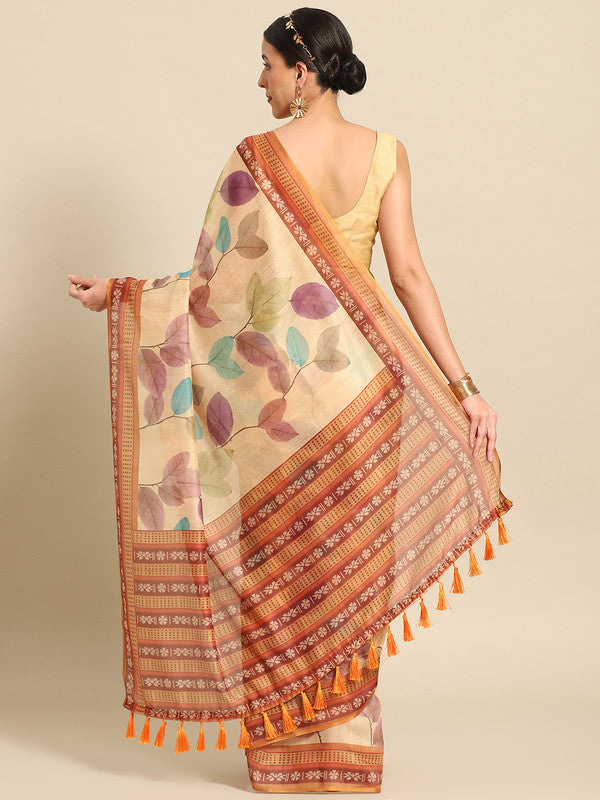 Mustard Pure Cotton Printed Floral Saree with Unstitched Blouse - Hiral Fashion | Grocsy