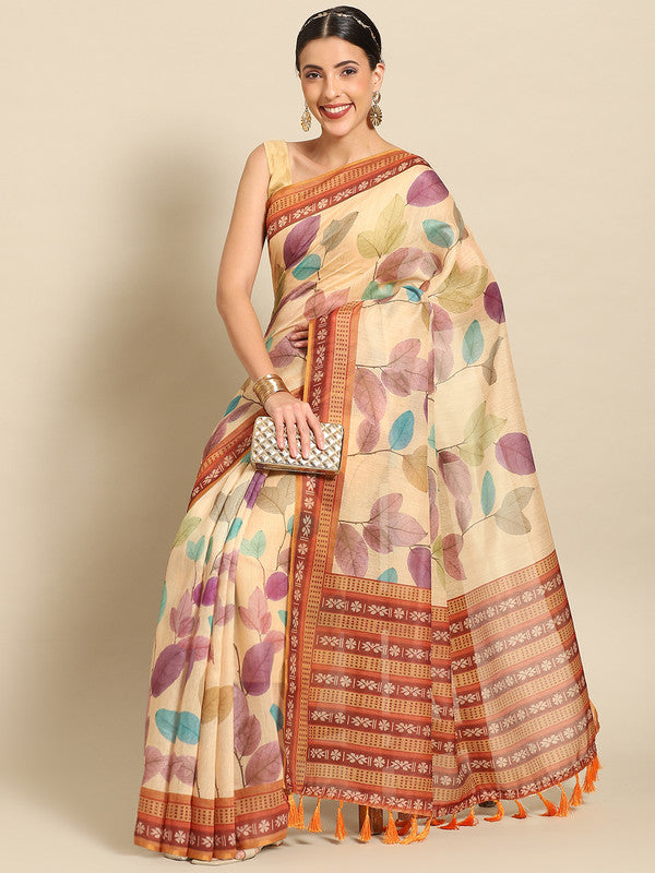 Mustard Pure Cotton Printed Floral Saree with Unstitched Blouse - Hiral Fashion | Grocsy