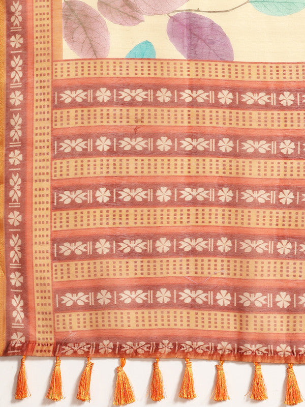 Mustard Pure Cotton Printed Floral Saree with Unstitched Blouse - Hiral Fashion | Grocsy