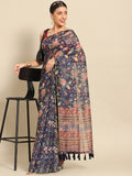 Navy Blue Pure Cotton Printed Floral Saree with Unstitched Blouse - Hiral Fashion | Grocsy