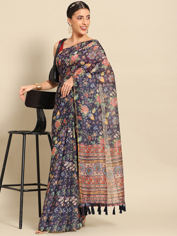 Navy Blue Pure Cotton Printed Floral Saree with Unstitched Blouse - Hiral Fashion | Grocsy