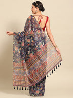 Navy Blue Pure Cotton Printed Floral Saree with Unstitched Blouse - Hiral Fashion | Grocsy