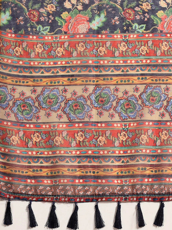 Navy Blue Pure Cotton Printed Floral Saree with Unstitched Blouse - Hiral Fashion | Grocsy