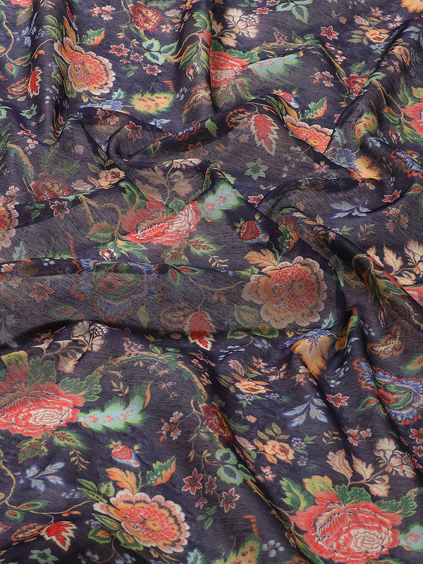 Navy Blue Pure Cotton Printed Floral Saree with Unstitched Blouse - Hiral Fashion | Grocsy