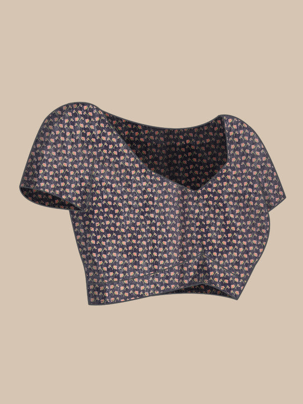 Navy Blue Pure Cotton Printed Floral Saree with Unstitched Blouse - Hiral Fashion | Grocsy
