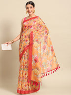 Orange Pure Cotton Printed Floral Saree with Unstitched Blouse - Hiral Fashion | Grocsy
