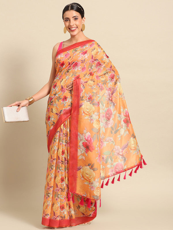 Orange Pure Cotton Printed Floral Saree with Unstitched Blouse - Hiral Fashion | Grocsy