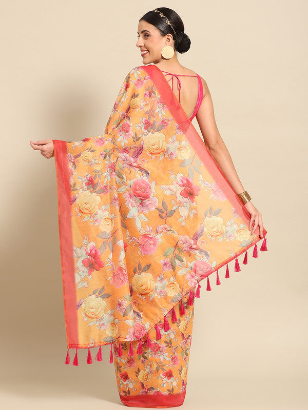 Orange Pure Cotton Printed Floral Saree with Unstitched Blouse - Hiral Fashion | Grocsy